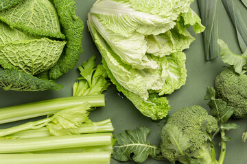 Celery stalks, leek, Chinese cabbage, broccoli and Savoy cabbage.