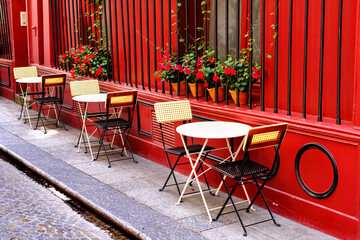 French restaurant - tables and chairs  on the street - 482867071