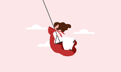 A woman wearing a red cape, swinging on a swing.