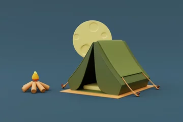 Cercles muraux Camping Night camping concept with tent and Burning bonfire under the moon on camping site,holiday vacation.minimal style.3d rendering.