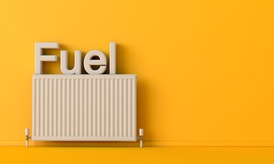 Radiator heater with the word fuel on top. Energy concept 3D Rendering
