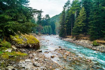 The Parvati River and it's bank at Kasol Himachal Pradesh India
