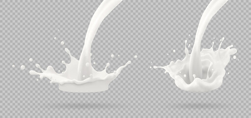 Milk jet, milky splash, vector realistic liquid white splash on isolated background. 3d illustration.