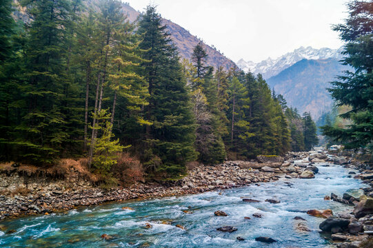 The Parvati River and it's bank at Kasol Himachal Pradesh India
