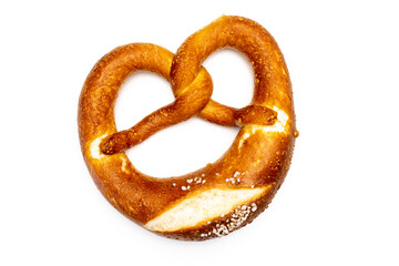 Pretzel isolated on white. Fresh fragrant brezel top view.