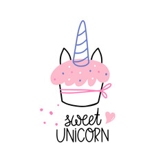 Vector illustration with sweet unicorn. Perfect for kids print.