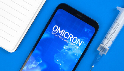 Coronavirus Omicron variant of COVID-19, concept of vaccination, table with syringe