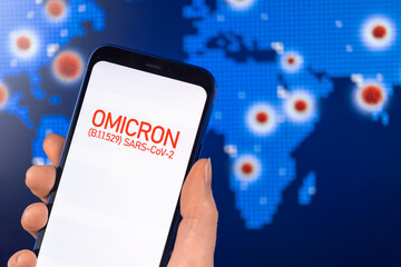 Coronavirus Omicron variant of COVID-19, mutation spread on world wide map background