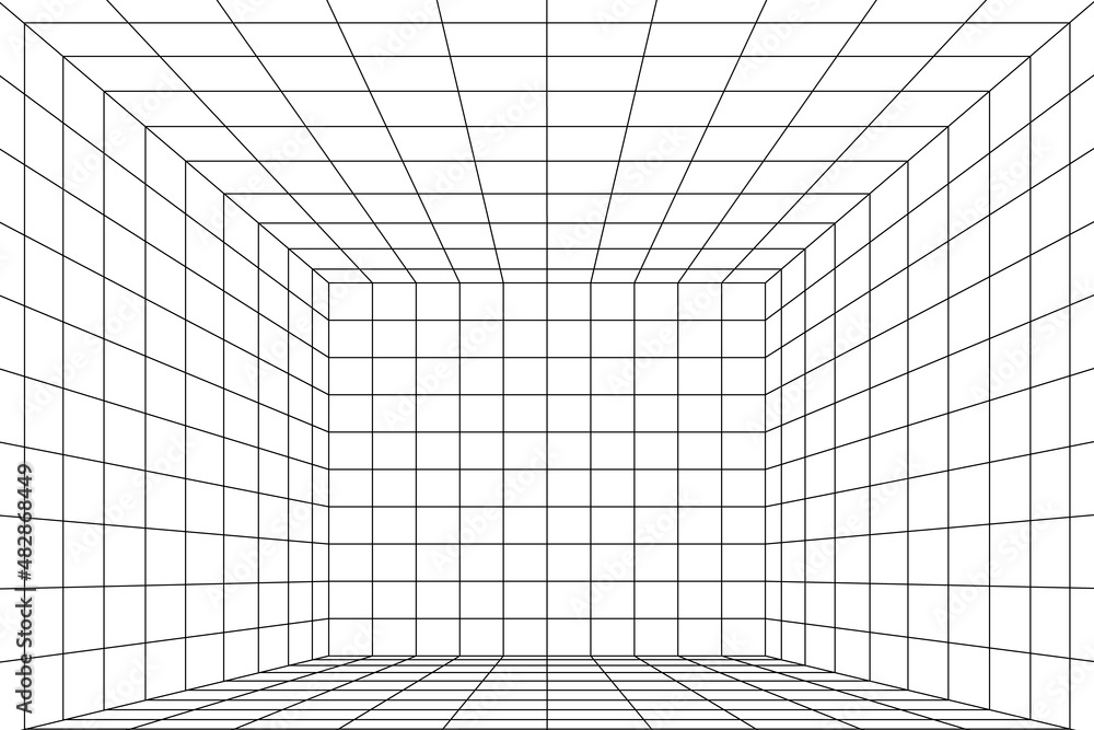 Wall mural 3d perspective digital grid of room space with two point perspective. white empty geometric cyberspa