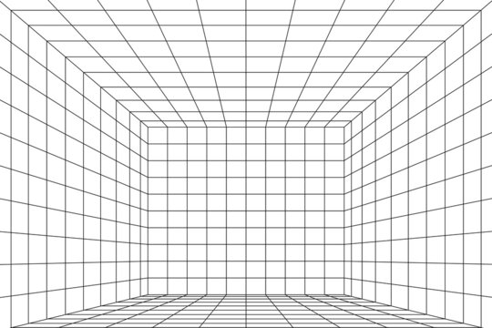 3D perspective digital grid of room space with two point perspective. White empty geometric cyberspace studio background. Virtual three dimension scene. Easy guide architecture template
