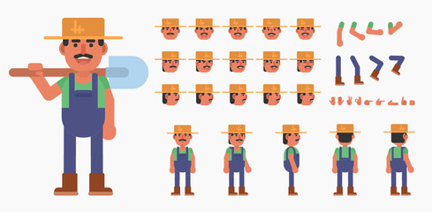 Creation kit of a farmer, villager or gardener character. Modern vector illustration. Create your own pose, action, animation