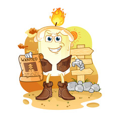 candle cowboy with wanted paper. cartoon mascot vector