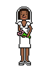 Pixel art happy bride with flowers on a wedding day, 8 bit black girl character isolated on white background. Fiancee in a dress and veil. Woman getting married. Retro 2d game, slot machine graphics