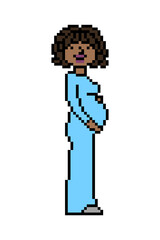 Black pregnant woman in a long blue dress touching her belly, side view pixel art game character isolated on white. African girl expecting a baby, 8 bit icon. Third trimester pregnancy. Single mother.