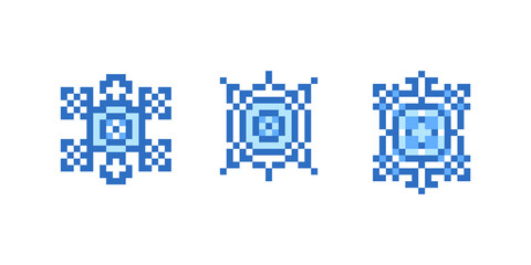 Set of 3 blue pixel art snowflakes isolated on white background. 8 bit weather icons. Decorative winter ornaments.Christmas, New Year symbols, vector clip art.Holiday design elements.2d game graphics.