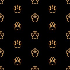 paw footprint seamless pattern, bright vector illustration on black background.