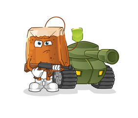tea bag soldier with tank character. cartoon mascot vector