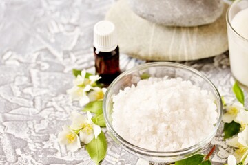 spa aroma salt with jasmine essential oil, Spa and bath homemade cosmetics, copy space, place for...