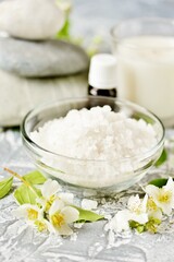 spa aroma salt with jasmine essential oil, Spa and bath homemade cosmetics, copy space, place for text, soft focus,