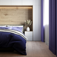 Modern bedroom interior with purple curtains and bed linen. 3d rendering