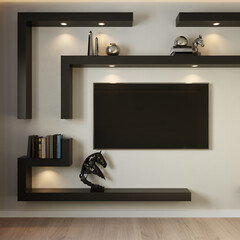 Modern living room with flat-screen TV and bookcase. 3d rendering