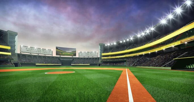 Grand baseball stadium playground infield side line view. Sport building as loopable 4K video background.
