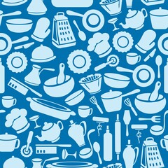 kitchen courses hobby cooking at home doodles sketch vector hand drawn illustration. Print textile large set clipart. isolated elements on blue background. Seamless texture with kitchen utensils..