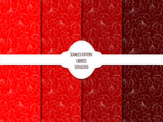 A set of seamless background with cherries. Line drawing and white contour. Lines have different widths. vector graphics, 1000x1000. © valezar