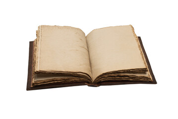 An open empty old notebook isolated on a white background.