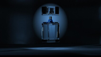A bottle of perfume on a black background rotates and caustic glitters. 