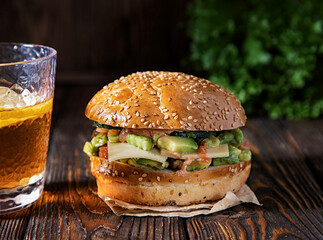 Vegan burger with avocado on rustic wooden background.
