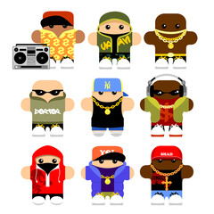 Set of funny hip-hop cartoon characters. Isolated on white
