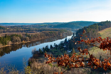 Vltava river near Tyn nad Vltavou town. Czechia. Romantic natural scenery.