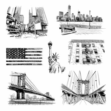 Hand drawn New York city collage, vector illustration
