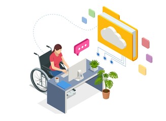 Isometric modern cloud technology, networking concept. Web cloud technology business. Internet data services. Woman with a disability, woman with laptop. Person who uses a wheelchair, wheelchair user