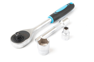 the socket wrench is isolated on a white background. various wrench heads and tips. A set of tools,...