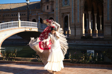 Flamenco dancer, woman, brunette and beautiful typical spanish dancer is dancing with a red manila...