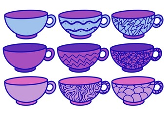 Set with cups for tea and coffee for fabrics and textiles and cards and kitchen and kids and stickers
