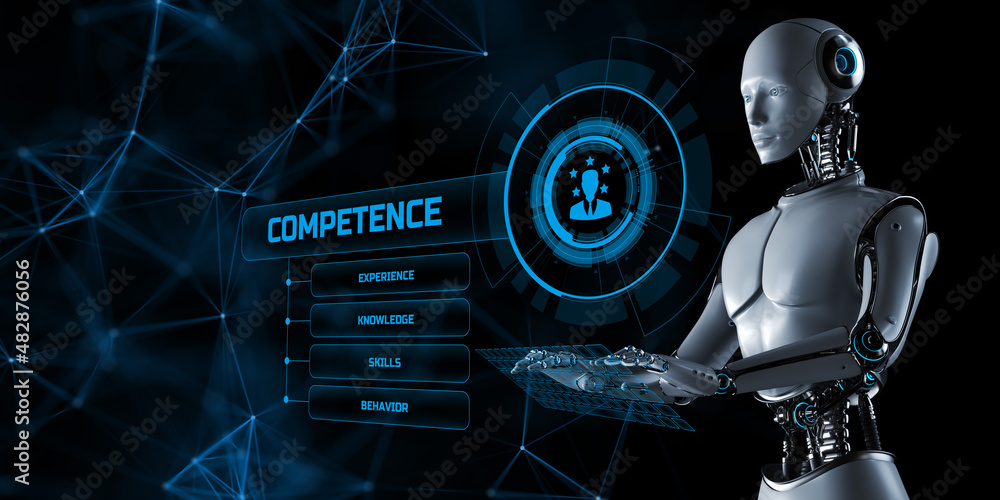 Poster competence skills concept. robot pressing button on screen 3d render.