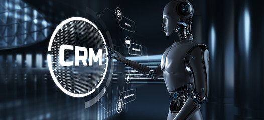 Fototapeta na wymiar CRM customer relationship management automation RPA concept. Robot pressing button on screen 3d render.