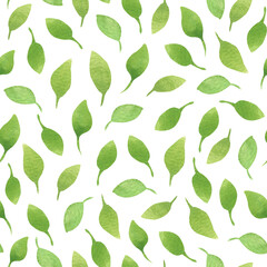Green leaves seamless pattern. Watercolor background. Design for fabric, scrapbooking, packaging paper, wallpaper, wrap