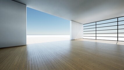 house with big glass window and wooden floor