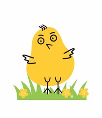Easter cartoon chick on green fresh grass. Easter poster vector image. Line art