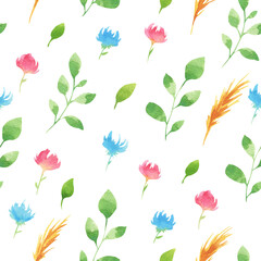 Field flowers and herbs seamless pattern. Watercolor flowers on white background repeatable pattern.