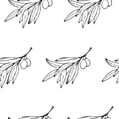 Seamless pattern with ink olive branches on white background.