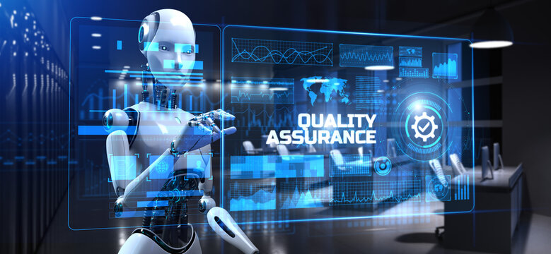 Quality assurance control standard concept. Robot pressing button on screen 3d render.