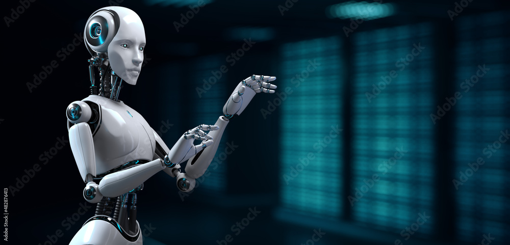 Poster robot cyborg 3d render on blurred background. innovation technology robotisation.