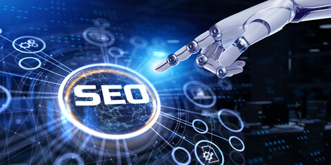 SEO Search engine optimisation digital marketing concept. 3d render robot pressing button.