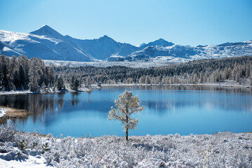 Lake in the mountains. Winter. Mountain landscape. Lake Kidel. Altai.