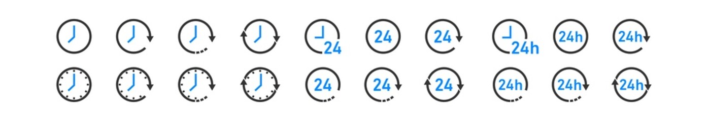 Clock set icons. All time 24 hour and arrow sign symbol. Vector